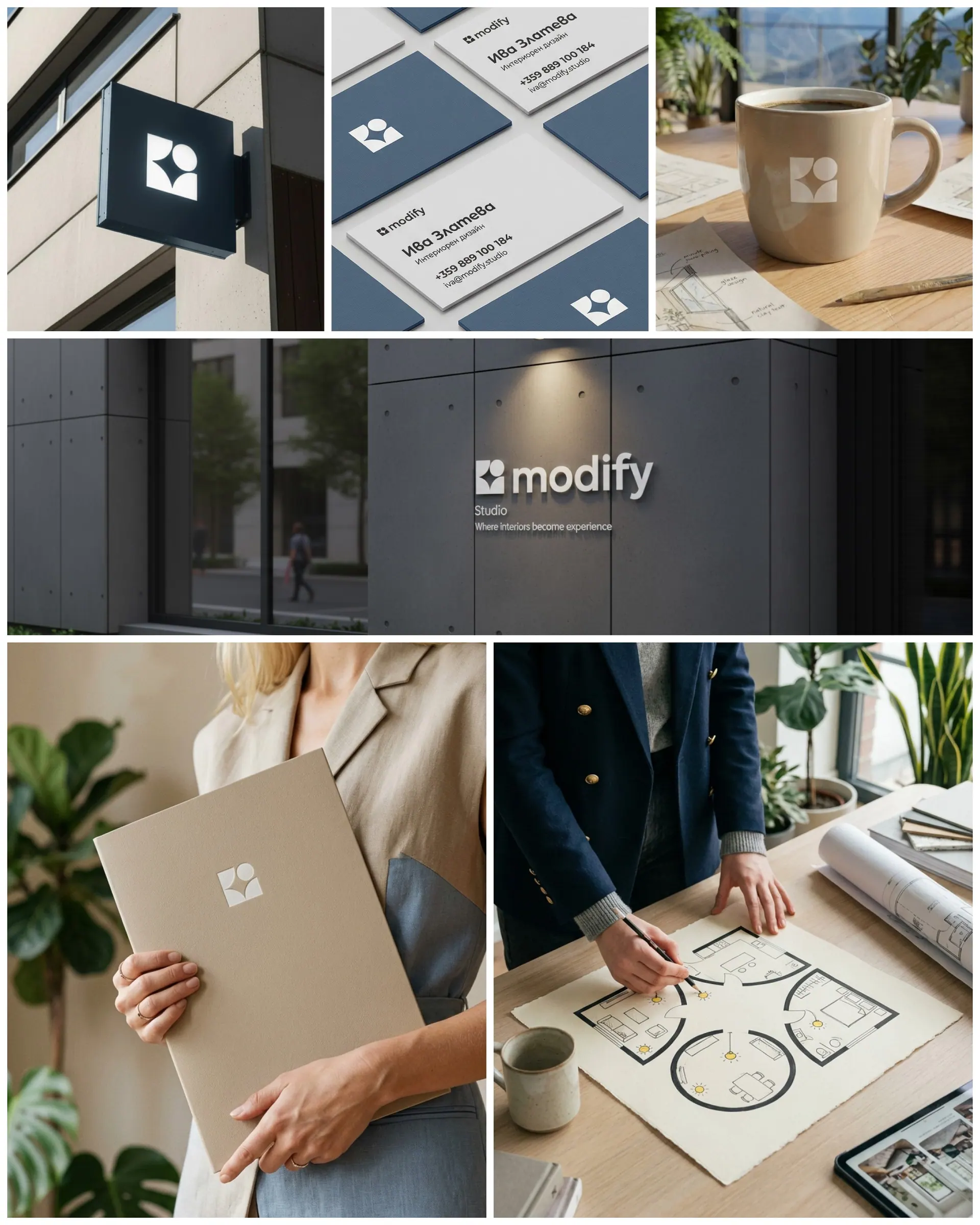 Modify Studio brand applied across signage, stationery and print